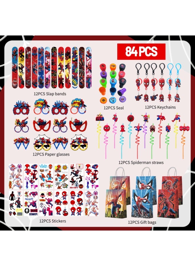 ILovhaprty Spider-Man Party Favors for 12 Guests, 84PCS Superhero Birthday Party Favor Set with Slap Bracelets, Stickers, Keychains, Stampers, Paper Glasses, Straws & Gift Bags – Spider-Man Birthday Party Supplies - Image 3